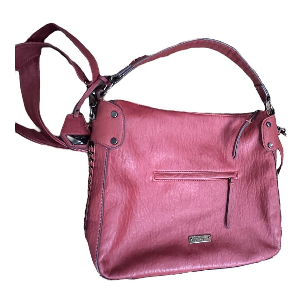 Jessica Simpson Red Leather w Metal Accents Hobo Bag Crossbody Strap Bikercore